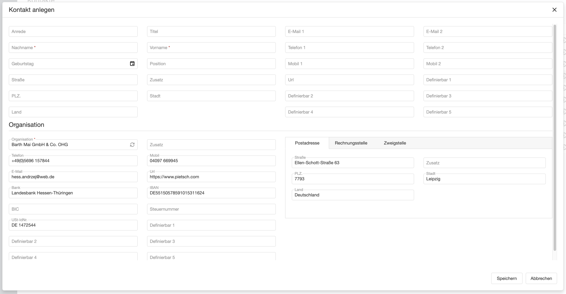 Eingabemaske Kontakt